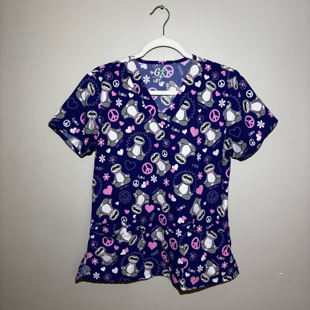 Cute Sloth Scrub Top Blue Pink Novelty Print Nursing Medical Sz M Nurse Uniform